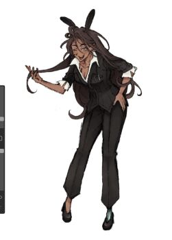 1girl ;d alien_stage animal_ears black_jacket black_pants black_shoes brown_hair collared_shirt commentary full_body ginakusgf grey_eyes hashtag-only_commentary highres holding holding_own_hair hyuna_(alien_stage) jacket long_hair official_alternate_costume one_eye_closed open_mouth pants prosthesis prosthetic_leg rabbit_ears shirt shoes smile solo tongue very_long_hair white_background white_shirt