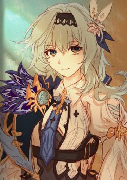 1girl absurdres black_hairband blue_necktie chinese_commentary commentary_request eula_(genshin_impact) fantonglienulitiantian genshin_impact grey_eyes grey_hair hair_ornament hairband highres juliet_sleeves long_hair long_sleeves looking_at_viewer necktie puffy_sleeves shirt smile solo upper_body white_shirt