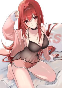 Rule 34 | 1girl, babydoll, bare shoulders, barefoot, black babydoll, black choker, breasts, choker, cleavage, closed mouth, collarbone, commentary, dolphin shorts, fingernails, full body, goddess of victory: nikke, hair between eyes, hand up, highres, jacket, kneeling, large breasts, long hair, long sleeves, looking at viewer, navel, official alternate costume, open clothes, open jacket, pillow, pink jacket, pink shorts, rapi (nikke), rapi (red hood) (cherished red) (nikke), rapi (red hood) (nikke), red eyes, red hair, ry thae, see-through babydoll, see-through clothes, shorts, simple background, solo, toenails, white background