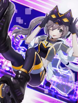 1girl artist_name black_gloves black_shirt black_thighhighs brown_eyes brown_hair closed_mouth duel_monster gloves headgear highres i:p_masquerena long_hair midriff one_eye_closed reika_(chiaki) roller_skates see-through_clothes see-through_shirt shirt short_shorts shorts skates smile solo thighhighs tongue tongue_out twintails yu-gi-oh!