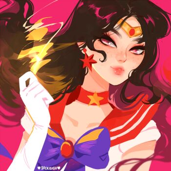 1girl artist_name bishoujo_senshi_sailor_moon bow bowtie brown_hair choker circlet closed_mouth commentary earrings elbow_gloves freckles gloves hino_rei jewelry long_hair magical_girl pink_background pink_eyes red_sailor_collar sailor_collar sailor_mars sailor_senshi_uniform short_sleeves simple_background solo upper_body vicki_tsai white_gloves