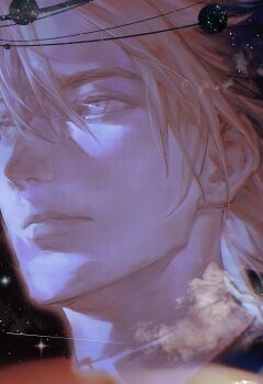 Rule 34 | 1boy, absurdres, blonde hair, close-up, commentary request, daybit sem void, fate/grand order, fate (series), grey eyes, highres, male focus, night, night sky, planet, short hair, sky, solo, star (sky), wan ce