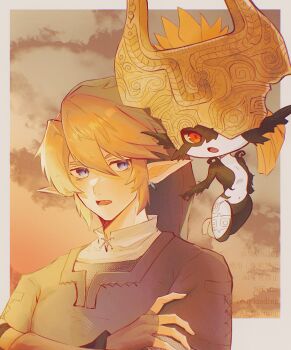 Rule 34 | 1boy, 1girl, absurdres, armor, blonde hair, blue eyes, border, chainmail, colored sclera, commentary request, crossed arms, earrings, fang, green hair, hair between eyes, helmet over one eye, highres, jewelry, link, midna, naltu101, navel, nintendo, open mouth, phrygian cap, pointy ears, red eyes, shirt, short hair, shortstack, size difference, the legend of zelda, the legend of zelda: twilight princess, tunic, upper body, white border, white shirt, yellow sclera