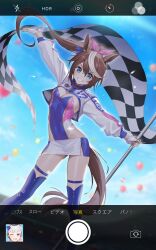 Rule 34 | 1girl, absurdres, animal ears, blue eyes, blue leotard, blue sky, blue thighhighs, blurry, boots, brown hair, checkered flag, cloud, cropped jacket, day, depth of field, fake phone screenshot, fake screenshot, feet out of frame, flag, grin, highres, horse ears, horse girl, horse tail, jacket, leotard, long hair, long sleeves, miniskirt, multicolored hair, multicolored leotard, outdoors, outstretched arms, ponytail, race queen, shrug (clothing), skirt, sky, smile, solo, streaked hair, tail, thigh boots, thighhighs, tokai teio (umamusume), two-tone hair, ugohato, umamusume, user interface, viewfinder, white hair, white jacket, white skirt