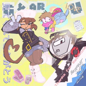 1girl animal_ears black_coat brown_hair casual cat_ears cat_girl cat_tail coat commentary dinosaur dolphin english_commentary flappers_(gameoverse) furry furry_female gameoverse gobbles_(gameoverse) hat highres jacket kaboodle_(gameoverse) kit_bodega nikoyoart official_alternate_costume official_art pantyhose red_eyes tail thick_thighs thighs wig