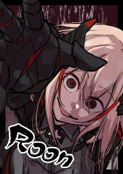 1girl absurdres azur_lane black_gloves blonde_hair character_name crazy crazy_eyes crazy_smile cross gloves hair_between_eyes highres iron_cross looking_at_viewer multicolored_hair open_mouth oriue_wato reaching reaching_towards_viewer red_hair roon_(azur_lane) short_hair sketch smile solo streaked_hair