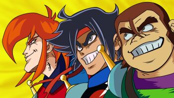 3boys argo_gulskii black_hair brown_hair domon_kasshu g_gundam george_de_sand getter_robo getter_team_pose_(meme) grin gundam headband highres long_hair male_focus mecha_pilot_suit meme mobile_trace_suit multiple_boys open_mouth parody reprilo_channel scar short_hair smile style_parody teeth zooming_in