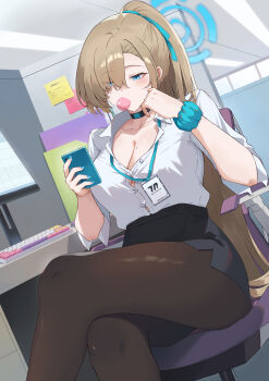 1girl asuna_(blue_archive) black_pantyhose black_skirt blonde_hair blowing_bubble_gum blue_archive blue_eyes blue_halo blush breasts chewing_gum choker cleavage collarbone commentary_request crossed_legs hack_waltz hair_over_one_eye halo head_rest highres holding holding_phone large_breasts long_hair looking_at_object mole mole_on_breast monitor pantyhose phone ponytail scrunchie shirt sitting skirt sleeves_rolled_up solo very_long_hair white_shirt wrist_scrunchie