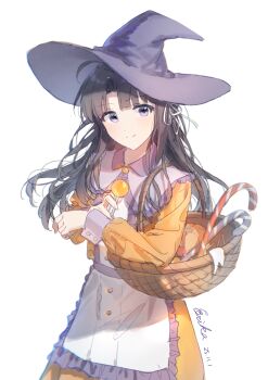 Rule 34 | 1girl, absurdres, ahoge, awa subaru, basket, blonde hair, blue hat, blush, candy, candy cane, commentary request, erika (user spth3377), food, girls band cry, hair ribbon, halloween costume, hat, highres, long hair, long sleeves, looking at viewer, parted bangs, partial commentary, purple eyes, ribbon, simple background, solo, white background, white ribbon, witch hat