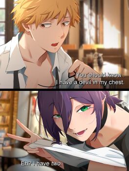 1boy 2girls 2koma absurdres black_choker black_shirt blood blurry blurry_background blush breasts brown_eyes chainsaw_man choker clothes_lift collarbone collared_shirt comic day denji_(chainsaw_man) dress_shirt english_text green_eyes hair_between_eyes highres indoors khyle. leaning_forward lifting_own_clothes looking_at_viewer looking_down makima_(chainsaw_man) mouse mouse_(animal) multiple_girls necktie no_bra nostrils open_clothes open_mouth open_shirt out-of-frame_censoring photo_background purple_hair ratatouille red_hair remy_(ratatouille) reze_(chainsaw_man) sharp_teeth shirt shirt_lift short_hair table teeth undone_necktie v when_you_see_it white_shirt window