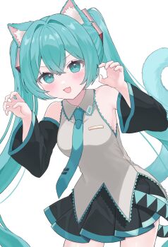 1girl :3 :d animal_ear_fluff animal_ears aqua_eyes aqua_hair aqua_necktie aqua_trim bare_shoulders black_skirt black_sleeves blush breasts cat_ears cat_girl cat_tail collared_shirt commentary cowboy_shot crossed_bangs detached_sleeves frilled_shirt frills grey_shirt hair_between_eyes hair_intakes hair_ornament hands_up hatsune_miku highres kemonomimi_mode long_hair long_sleeves looking_at_viewer medium_breasts miniskirt necktie omame_3de open_mouth paw_pose pleated_skirt shirt sidelocks simple_background skirt sleeveless sleeveless_shirt smile solo standing tail tie_clip twintails untucked_shirt very_long_hair vocaloid white_background wide_sleeves