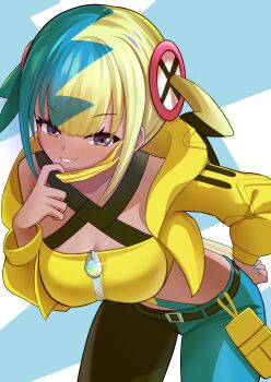 1girl baggy_pants bandeau blonde_hair blue_eyes blush breasts canari_(pokemon) center-flap_bangs cleavage collarbone green_hair hair_between_eyes hair_ornament highres jacket leaning_forward long_hair long_sleeves looking_at_viewer mask mask_pull mega_stone mouth_mask multicolored_hair nintendo pants pokemon pokemon_legends:_z-a raimu_(clanberry000) revision simple_background smile solo split-color_clothes white_background yellow_bandeau yellow_jacket