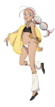 1girl ahoge amoru_(towa_no_yuugure) anime_coloring bandeau black_bandeau black_shoes braid breasts capelet dark-skinned_female dark_skin full_body grey_hair hair_between_eyes highres leg_up leg_warmers long_hair looking_at_viewer low_twin_braids medium_breasts multicolored_hair navel official_art open_mouth panties red_eyes red_hair shoes simple_background smile solo standing standing_on_one_leg streaked_hair tayama_midori teeth thighs towa_no_yuugure transparent_background twin_braids two-tone_hair underwear very_long_hair white_leg_warmers white_panties yellow_capelet