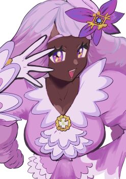 1girl absurdres ascot breasts brooch dark-skinned_female dark_skin dress fascinator frilled_ascot frills from_above gloves hair_ornament hand_up highres jacinthe_(pokemon) jewelry juliet_sleeves long_hair long_sleeves looking_at_viewer low_drills nintendo open_mouth pokemon pokemon_legends:_z-a puffy_sleeves purple_dress purple_eyes purple_hair smile solo teeth ukyu_(komarukoune) upper_body upper_teeth_only very_dark_skin