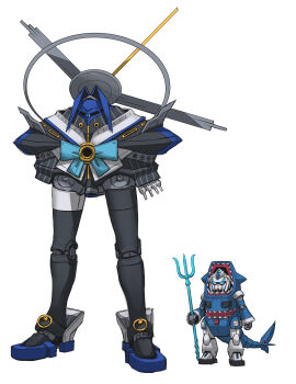 absurdres asymmetrical_legwear big_zam blue_ribbon exaxuxer fins fish_tail g_gundam gawr_gura gundam highres holding_polearm hololive hololive_english mechanization mermaid_gundam mobile_armor mobile_suit_gundam ouro_kronii polearm ribbon shark_tail size_difference tail trident virtual_youtuber weapon white_background