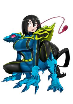 1girl absurdres adapted_costume all_fours altronage armor asui_tsuyu beast_wars beast_wars:_transformers black_eyes black_footwear black_hair blue_bodysuit blue_gloves bodysuit boku_no_hero_academia boots commission frog_girl gloves highres long_hair long_tongue low_ponytail pauldrons poison_dart_frog ponytail predacon shoulder_armor shoulder_pads spittor squatting stamp_mark thigh_boots tongue tongue_out transformers transformers_car_robots very_long_hair