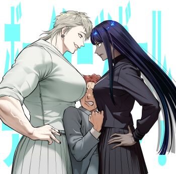 1boy 2girls amehara_shin_(tetsukazu) between_breasts black_nails black_shirt black_skirt blunt_ends breasts cheek_press clenched_teeth collared_shirt dark-skinned_female dark_skin face-to-face grey_hair hands_on_own_hips head_between_breasts heads_together highres kuroumi_shin_(tetsukazu) large_breasts lips long_hair medium_breasts mullet multiple_girls muscular muscular_female original plug_(piercing) purple_hair red_hair school_uniform shiraki_hama_(tetsukazu) shirt skirt tall_female teeth tetsukazu text_background veins veiny_arms white_background white_shirt white_skirt