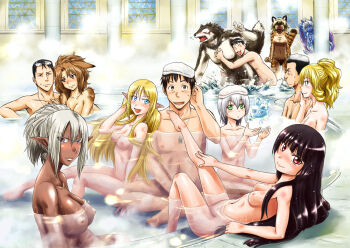 10s 5boys 6+girls :d animal_ears artist_self-insert barefoot bath bathing black_hair blonde_hair blue_eyes blue_skin blue_skirt blush bozes_co_palesti breasts brown_hair cleavage colored_skin couple dark-skinned_female dark_elf dark_skin delilah_(gate) dog_tags dragon_girl drill_hair elf eyewear_on_head feet female_pubic_hair full-body_tattoo furry furry_female furry_male gate_-_jieitai_ka_no_chi_nite_kaku_tatakaeri giselle_(gate) green_eyes hime_cut hug itami_youji jealous kurata_takeo large_breasts lelei_la_lalena light_areolae long_hair medium_breasts meia_(gate) mixed-sex_bathing multiple_boys multiple_girls nipples nude open_mouth partially_submerged persia_(gate) pointy_ears ponytail pubic_hair purple_eyes red_eyes rory_mercury sao_satoru shared_bathing short_hair sitting skirt small_breasts smile tattoo tomita_akira towel towel_on_head tuka_luna_marceau white_hair wolf_(gate) yanagida_akira yao_haa_dushi