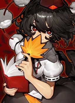 1girl absurdres black_hair black_skirt book feathered_wings hand_fan hat highres hoai_vu holding holding_book holding_fan looking_at_viewer open_book palm_leaf_fan puffy_short_sleeves puffy_sleeves red_eyes red_hat red_nails shameimaru_aya shirt short_hair short_sleeves skirt solo tokin_hat touhou white_shirt wings