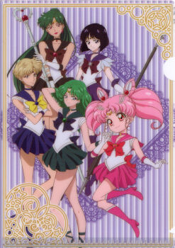 5girls bishoujo_senshi_sailor_moon bishoujo_senshi_sailor_moon_s black_choker blonde_hair blue_skirt boots bow brooch brown_bow chibi_usa choker collarbone earrings elbow_gloves garnet_rod glaive_(polearm) gloves green_hair green_skirt hair_bun heart_wand highres holding jewelry kaiou_michiru long_hair magical_girl meiou_setsuna miniskirt multiple_girls official_art pink_boots pink_sailor_collar pink_skirt pleated_skirt polearm purple_skirt red_bow sailor_chibi_moon sailor_collar sailor_neptune sailor_pluto sailor_saturn sailor_senshi sailor_senshi_uniform sailor_uranus short_hair silence_glaive skirt sleeveless smile staff ten&#039;ou_haruka tomoe_hotaru weapon white_gloves yellow_bow