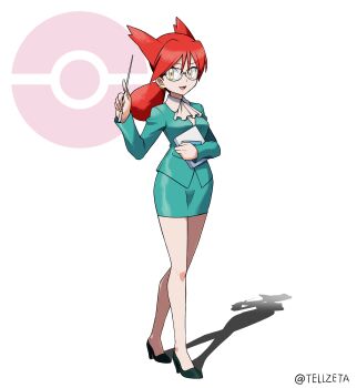 1girl :d absurdres ascot black-framed_eyewear black_shoes commentary_request commission formal_clothes full_body gen_3_pokemon glasses green_jacket green_skirt highres holding holding_pointer jacket knees latias latias_(human)_(pokemon_adventures) legendary_pokemon long_hair long_sleeves nintendo open_mouth pointer poke_ball_symbol pokemon pokemon_adventures ponytail red_hair shoes skeb_commission skirt smile solo standing tellzeta white_ascot white_background yellow_eyes