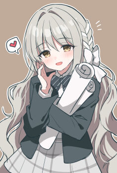1girl black_bow black_bowtie black_jacket blue_archive blush bow bowtie braid brown_background brown_eyes collared_shirt commentary_request diagonal-striped_bow diagonal-striped_bowtie diagonal-striped_clothes grey_hair grey_skirt hair_bow heart highres holding holding_scroll jacket layered_sleeves long_hair long_sleeves looking_at_viewer mauve miniskirt miyo_(blue_archive) no_halo open_mouth outline pleated_skirt scroll shirt simple_background skirt smile solo speech_bubble spoken_heart striped_bow striped_bowtie striped_clothes very_long_hair wavy_hair white_bow white_outline white_shirt