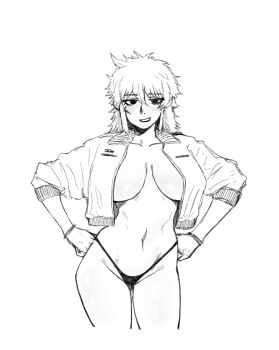 Rule 34 | 1girl, alien headbutt, breasts, collarbone, large breasts, looking at viewer, navel, solo