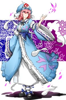 Rule 34 | 1girl, arm at side, bad id, bad pixiv id, black shoes, bow, breasts, bug, butterfly, expressionless, female focus, footwear bow, frilled kimono, frills, full body, goshoguruma, hand up, hat, highres, hitodama, honeycomb pattern, insect, japanese clothes, kankan33333, kimono, long sleeves, mob cap, obi, pink eyes, pink hair, ribbon-trimmed collar, ribbon trim, saigyouji yuyuko, saigyouji yuyuko's fan design, sash, shippou (pattern), shoes, short hair, solo, touhou, triangular headpiece, veil, white background, white legwear, wide sleeves