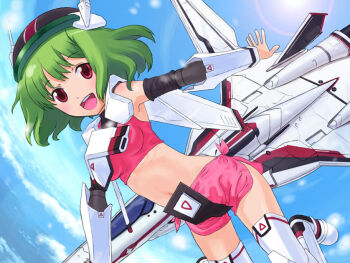 buntan cloud day green_hair macross macross_frontier macross_frontier:_itsuwari_no_utahime mecha mecha_musume midriff ranka_lee red_eyes robot shirt sky thighhighs u.n._spacy vf-25