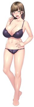 1girl akihara_shiho black_bra black_panties blunt_bangs bra breasts brown_hair cameltoe cleavage collarbone frilled_bra frilled_panties frills full_body green_eyes groin half-closed_eyes hand_on_own_hip hand_up head_tilt huge_breasts knees medium_hair navel no_toes open_mouth panties sexfri_osananajimi sidelocks standing sumeragi_kohaku surprised tongue underwear underwear_only