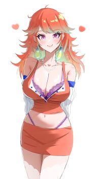 1girl absurdres armpit_crease arms_behind_back bra breasts cleavage collarbone cowboy_shot crop_top dadangge detached_sleeves gradient_hair heart highres hololive hololive_english jewelry large_breasts long_hair looking_at_viewer miniskirt multicolored_hair navel necklace orange_hair panty_straps purple_bra purple_eyes simple_background skirt smile solo takanashi_kiara thighhighs thighs underwear virtual_youtuber white_background white_thighhighs zettai_ryouiki