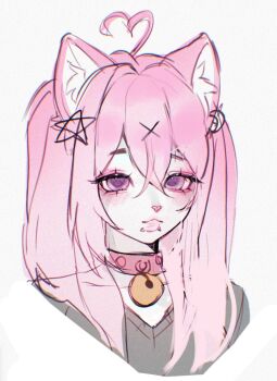 1girl ahoge animal_earrings animal_ears animal_nose bad_tag bell cat_ears choker colored_skin commentary crescent crescent_earrings cropped_head cross_hair_ornament earrings english_commentary eyelashes eyeshadow face_piercing film_grain furry furry_female grey_sweater hair_between_eyes hair_ornament hair_over_shoulder heart heart_ahoge highres jewelry jingle_bell long_hair looking_at_viewer makeup mouth_piercing neck_bell no_pupils noisykoala original piercing pink_choker pink_eyeshadow pink_hair purple_eyes simple_background sketch star_(symbol) star_earrings sweater thick_lips two_side_up v-neck white_background white_skin