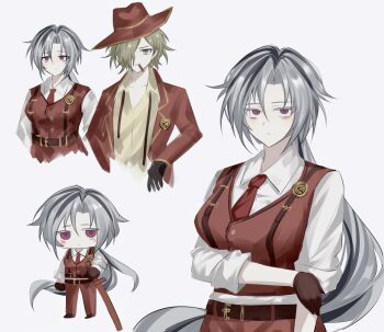 Rule 34 | 1boy, 1girl, black gloves, black hair, blonde hair, chibi, commentary, english commentary, formal clothes, full body, genderswap, genderswap (ftm), genderswap (mtf), gloves, hair over one eye, hat, highres, limbus company, long hair, lucio (project moon), millaligusticum, multicolored hair, necktie, ponytail, project moon, red eyes, red hat, red necktie, red suit, red vest, shirt, simple background, suit, suspenders, upper body, valencina (project moon), vest, white background, white hair, white shirt, yellow shirt