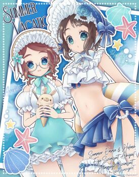 2girls alternate_costume aqua_bow aqua_bowtie aqua_eyes bikini blue_bow blue_bowtie blue_eyes blue_flower bonnet bow bowtie braid brown_hair commentary_request covered_navel cowboy_shot emma_woods english_text flower freckles frilled_bonnet frilled_one-piece_swimsuit frilled_shirt_collar frilled_thigh_strap frills glasses helena_adams highres holding holding_ice_cream_cone ice_cream_cone identity_v looking_at_viewer multiple_girls navel one-piece_swimsuit parted_lips semi-rimless_eyewear swimsuit thigh_strap twin_braids twitter_username yunoichi-hoshiduki