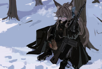 Rule 34 | 1girl, absurdres, animal ear fluff, animal ears, black boots, black gloves, black jacket, blue bow, blue eyes, boots, bow, breath, brown hair, commentary request, day, food, gloves, gun, hair between eyes, hair bow, highres, holding, holding food, jacket, original, outdoors, ponytail, shino duka, sitting, snow, solo, tree, weapon, weapon request