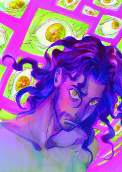 Rule 34 | 1boy, absurdres, beard, commentary, curly hair, design speculation, disembodied eye, english commentary, facial hair, green eyes, highres, horror (theme), jonathan sims, lips, long hair, male focus, mojo-chojoo, neon palette, the magnus archives, wide-eyed