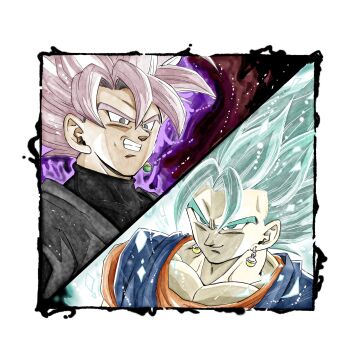 1rasutotoukou 2boys aura black_shirt blue_eyes blue_hair blue_shirt border dragon_ball dragon_ball_super goku_black grey_eyes grey_tunic hashtag-only_commentary highres medium_hair multiple_boys muscular muscular_male orange_shirt parted_lips pink_hair shirt smirk spiked_hair tunic upper_body vegetto white_border