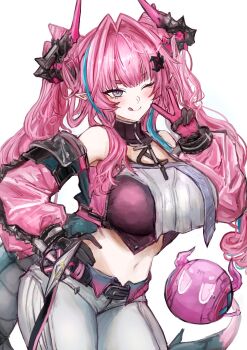 1girl :q arknights arknights:_endfield black_horns breasts commentary_request cone_hair_bun contrapposto dragon_horn gloves green_tail hair_bun hair_intakes hair_on_horn hand_on_own_hip highres horns large_breasts long_hair multicolored_horns navel one_eye_closed pants pink_gloves pink_horns pink_sleeves pink_tube_top pointy_ears sakutein_oekaki simple_background smile solo strapless tongue tongue_out tube_top twintails two-sided_gloves two-tone_horns v white_background white_pants yvonne_(arknights)