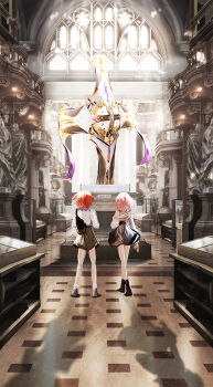 Rule 34 | antinese, bag, black skirt, brown skirt, commentary request, fate/grand order, fate (series), from behind, fujimaru ritsuka (female), full body, highres, loose socks, lord camelot (fate), mash kyrielight, miniskirt, museum, orange hair, overlighting, pink hair, shadow, shoulder bag, single off shoulder, skirt, socks, standing, tile floor, tiles, wide shot