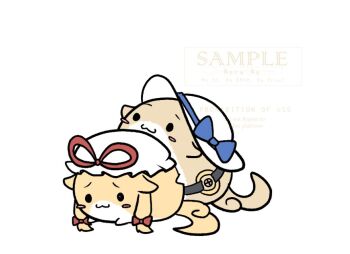 Rule 34 | :3, belt, black belt, blue bow, blush stickers, bow, commentary, creature, english commentary, hair bow, hat, hat bow, hat ribbon, mob cap, mounting, no humans, no noru, red bow, ribbon, sample watermark, sukusuku hakutaku, tail, touhou, watatsuki no toyohime, watermark, white hat, yakumo yukari, yellow fur, yuri