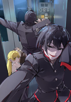 1boy 2girls absurdres ahoge apron araragi_koyomi back_bow black_eyes black_hair black_jacket black_skirt blonde_hair blush_stickers bob_cut bow box briefcase buttons closed_mouth elevator empty_eyes evil_smile fingernails gakuran hair_between_eyes hair_flaps halterneck hand_on_own_face hand_up hatanana_(ag6uptphhal3frd) height_difference highres holding holding_behind_back holding_box holding_briefcase indoors jacket long_hair looking_ahead looking_at_another looking_at_viewer medium_hair monogatari_(series) multiple_girls narrowed_eyes oshino_ougi oshino_shinobu outstretched_arm pale_skin pastry_box pleated_skirt pointy_ears red_trim ringed_eyes school_briefcase school_uniform selfie shadow skirt sleeves_past_fingers sleeves_past_wrists smile stretching swept_bangs upper_body very_long_hair white_apron yellow_eyes