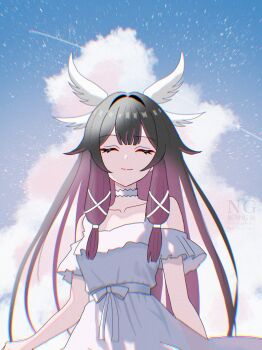 1girl absurdres alternate_costume black_hair closed_eyes closed_mouth collarbone columbina_(genshin_impact) commentary dress genshin_impact hair_ribbon hashtag-only_commentary head_wings highres long_hair multicolored_hair pink_hair ribbon sidelocks solo tsuyu_yomi two-tone_hair upper_body watermark white_dress white_ribbon white_wings wings