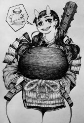 Rule 34 | 1girl, :d, absurdres, armor, arms behind back, bare legs, black hair, chest guard, chipped tooth, chronozbergh, club, club (weapon), cowboy shot, dungeon meshi, food, graphite (medium), greyscale, highres, horns, inutade, japanese armor, kanabou, kusazuri, mole, mole under eye, monochrome, oni, open mouth, skin-covered horns, smile, solo, speech bubble, spiked club, thick thighs, thighs, traditional media, twintails, weapon
