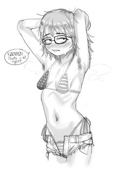 1girl american_flag american_flag_bikini american_flag_print armpit_hair armpits arms_behind_head bikini body_freckles borrowed_character breasts codismal flag_print flag_print_bikini freckles glasses highres jimiko navel neet_girl_(baalbuddy) original print_bikini sagging_breasts short_shorts shorts simple_background skinny small_breasts swimsuit teeth thick_eyebrows white_background