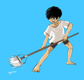 1boy barefoot black_hair blue_background holding holding_mop male_focus mog300n mop original shirt shota smile solo white_shirt