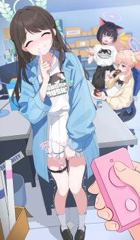 1boy 3girls absurdres airi_(band)_(blue_archive) airi_(blue_archive) animal_ears black_choker black_hair black_jacket blue_archive blurry blush box brown_hair cardboard_box cat_ears cat_girl chair choker closed_eyes closed_mouth clothes_around_waist colored_inner_hair commentary_request controller donut eating egg_vibrator finger_to_mouth food hair_intakes hair_ornament hair_scrunchie half_updo highres holding holding_donut holding_food holding_remote_control index_finger_raised indoors jacket jacket_around_waist kazusa_(band)_(blue_archive) kazusa_(blue_archive) long_hair long_sleeves multicolored_hair multiple_girls nakaoka_ramu natsu_(band)_(blue_archive) natsu_(blue_archive) official_alternate_costume on_chair open_clothes open_jacket pink_hair pleated_skirt pov pov_hands print_shirt puffy_long_sleeves puffy_sleeves remote_control remote_control_vibrator scrunchie sex_toy shirt short_hair shushing skirt skirt_tug smile socks solo_focus thigh_strap trembling vibrator vibrator_in_thigh_strap white_jacket white_shirt white_skirt white_socks yellow_jacket yellow_scrunchie