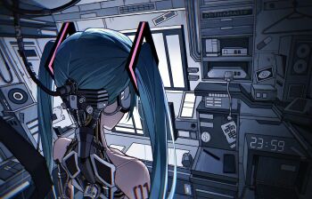 1girl android aqua_eyes arm_tattoo bare_shoulders cable clock commentary digital_clock english_commentary facing_away from_behind hair_ornament hatsune_miku highres long_hair mithamaito number_tattoo solo tattoo twintails upper_body vocaloid wire