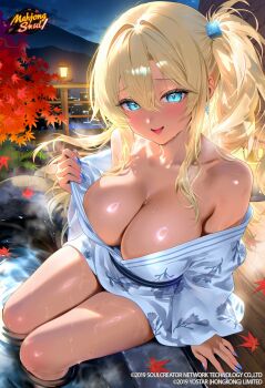 1girl absurdres autumn_leaves bare_shoulders blonde_hair blue_eyes breasts commentary dark-skinned_female dark_skin english_commentary fujimoto_kirara hair_between_eyes highres japanese_clothes kimono large_breasts leaf long_hair long_sleeves mahjong_soul night night_sky official_art open_mouth outdoors print_kimono sakurano_tsukasa second-party_source sitting sky smile solo yukata