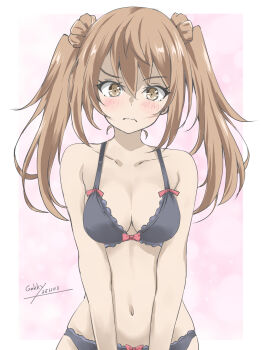1girl black_bra black_panties blush bra breasts brown_hair commentary_request dated double_bun embarrassed gakky hair_bun highres kantai_collection long_hair medium_breasts michishio_(kancolle) navel panties pink_background signature twintails underwear underwear_only white_background
