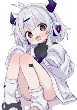 1girl @_@ bandaid bandaid_on_leg black_eyes black_sweater commentary_request hair_ornament hairclip headphones heart highres horned_headphones horns jacket jacket_partially_removed looking_at_viewer loose_socks open_mouth q-chan_(yunyun_denpa_syndrome) sandals sharp_teeth simple_background single_sandal sitting sleeves_past_fingers sleeves_past_wrists smile socks solo sweater takatsurt teeth turtleneck turtleneck_sweater white_background white_hair white_jacket white_socks yunyun_denpa_syndrome